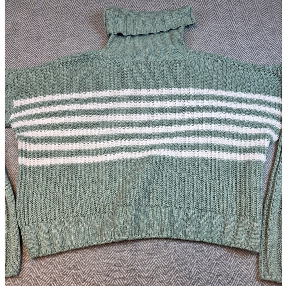 SO Womens Sage Green White Striped Turtleneck Chunky Knit Sweater Size M